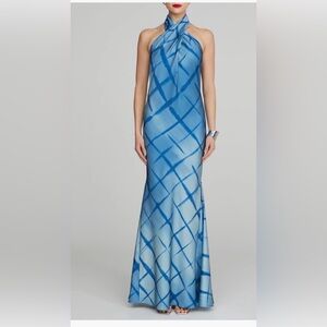 Halston Batik Blue Corinne Satin Halter Gown Dress Size 8 $645